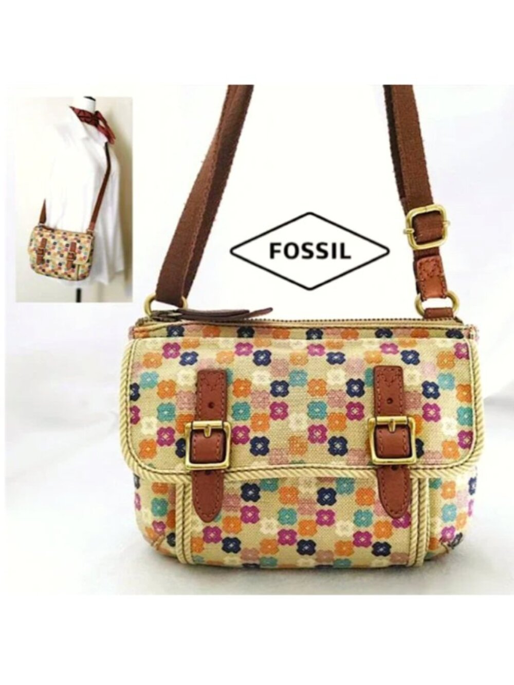 FOSSIL Beige Floral Canvas Crossbody Purse Med Messenger Bag Zip Magnet Flap
